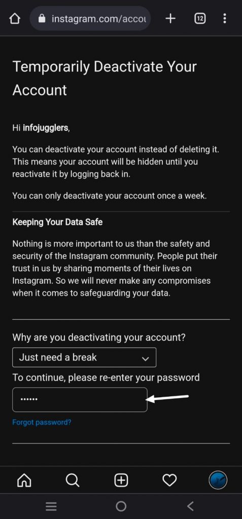 Re-enter your Instagram password