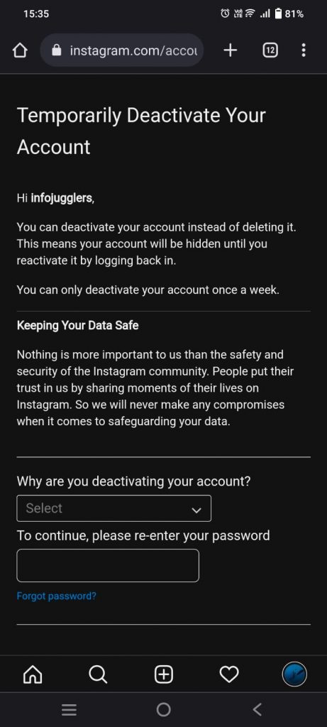 Select reason to deactivate your account
