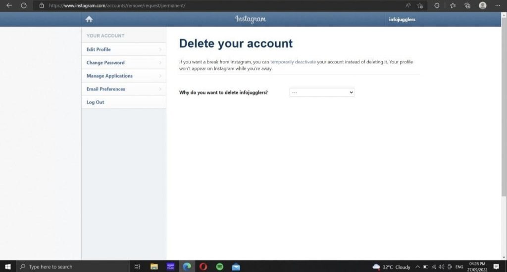Select reason to delete instagram account on computer