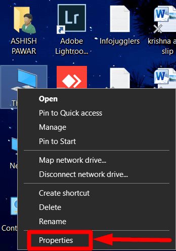 Properties option in This PC menu of windows