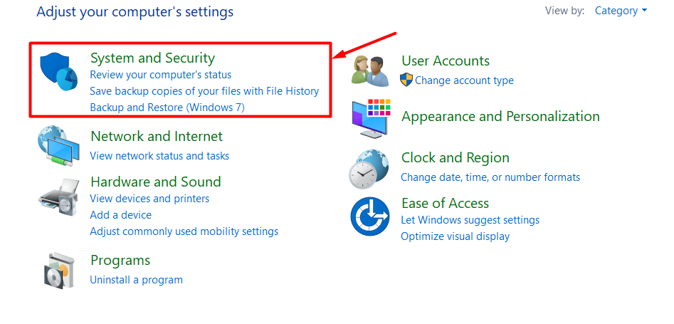 System and security option in PC settings