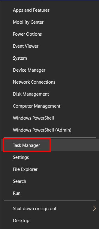 Task Manager option in Start menu of windows