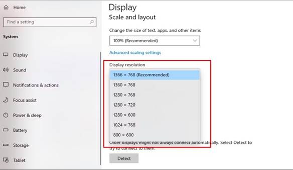 Display resolution drop down menu in display settings to connect two monitors to laptop with one hdmi port