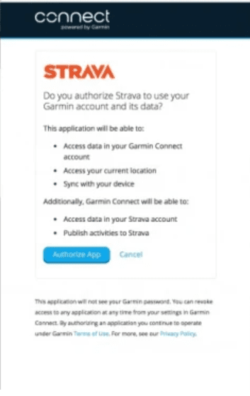 Signing in to Strava through Garmin connect app