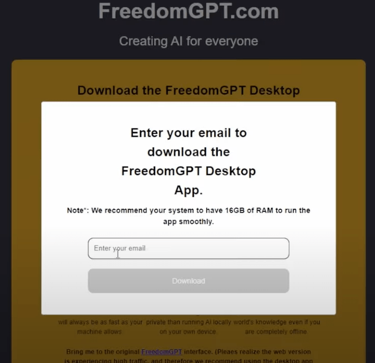 Freedomgpt asking for email to Download the file