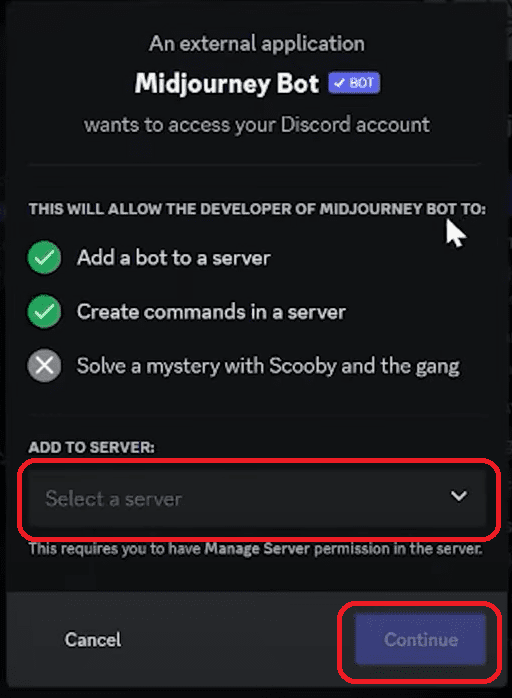 Selecting server from drop down and continue button